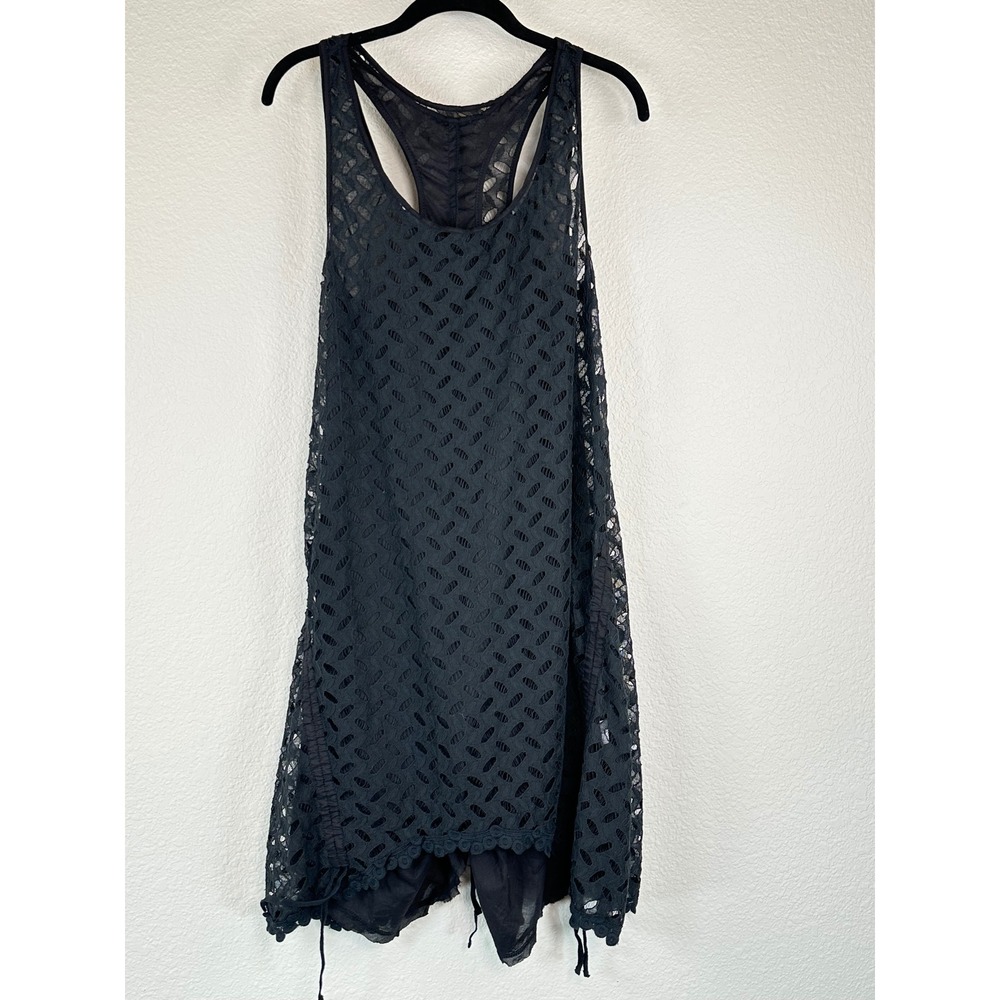 Black Eyelet Lace Racerback Tunic Tank Dress Boho Lagenlook Hi Low Layered M